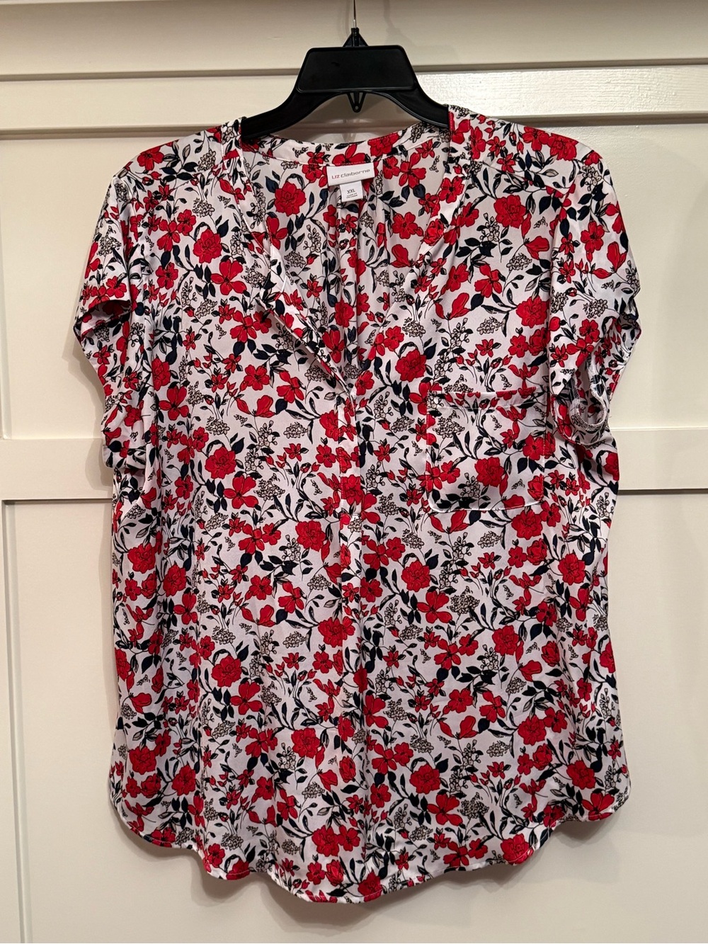 Liz Claiborne White Blouse with Red and Navy Floral Print